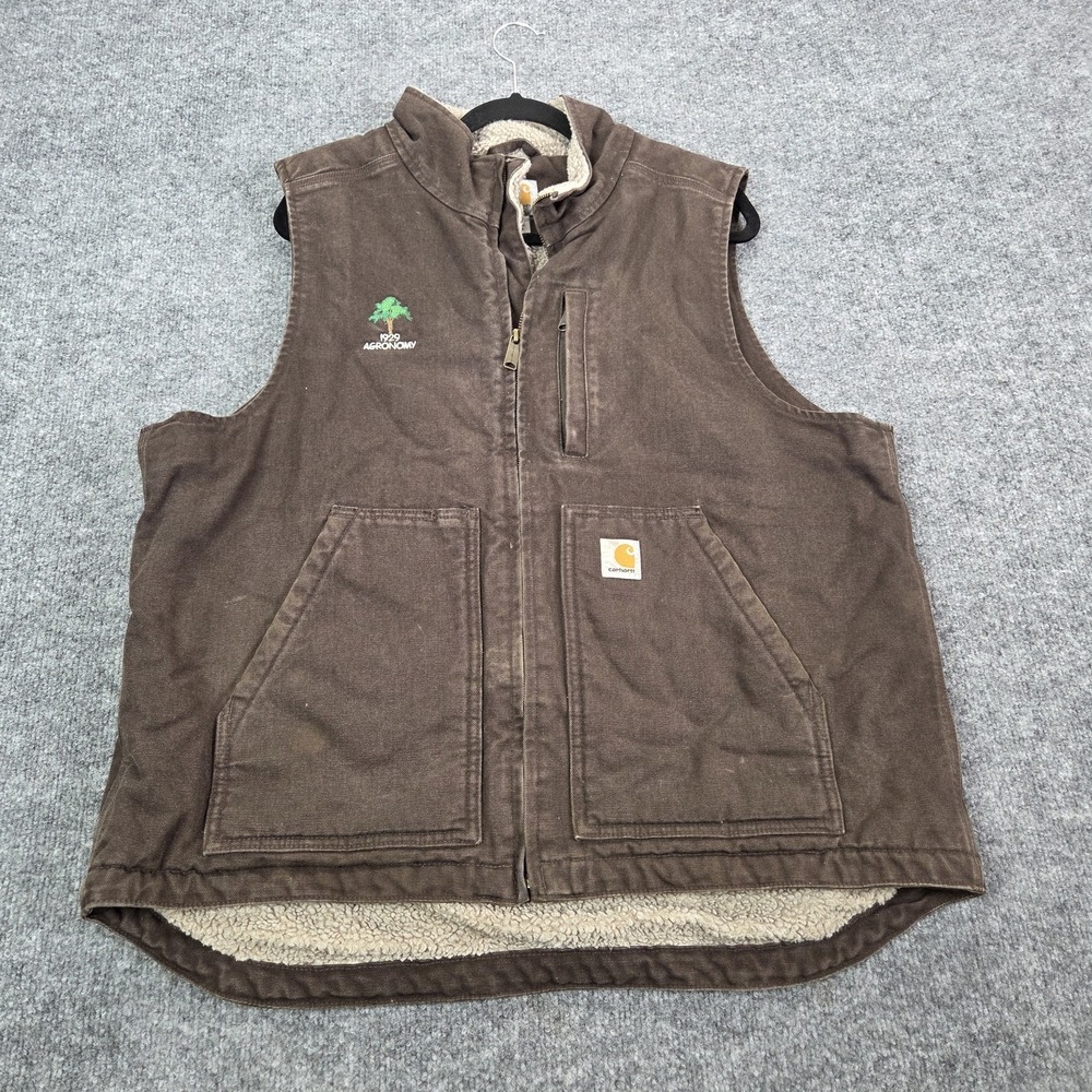Carhartt Vest Mens Large Brown Sherpa Lined Insulated Canvas Workwear 104277 DKB